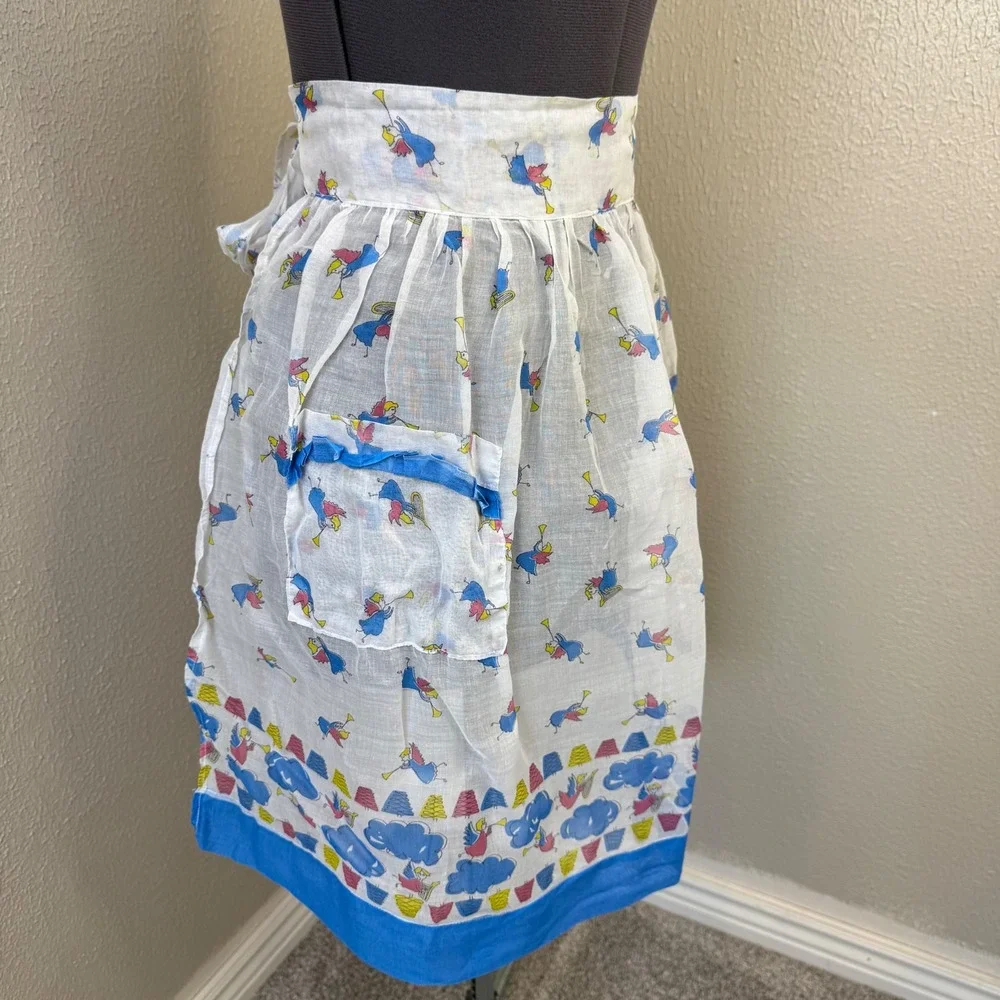 Vintage Angel Novelty Print Half Apron White‎ Blue Sheer Retro Kitchen Pocket
